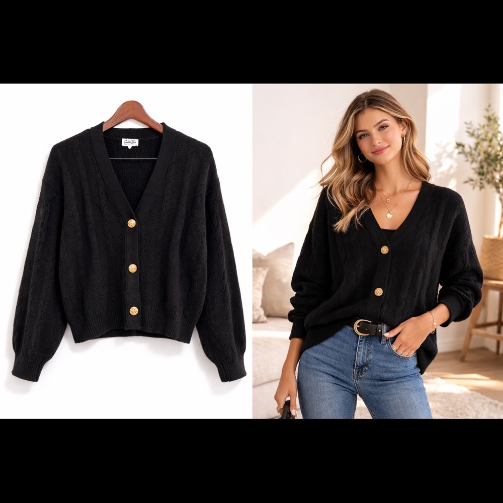 Vintage Cuddle Knit Black Cardigan sweater with Gold Buttons USA Cozy Knit